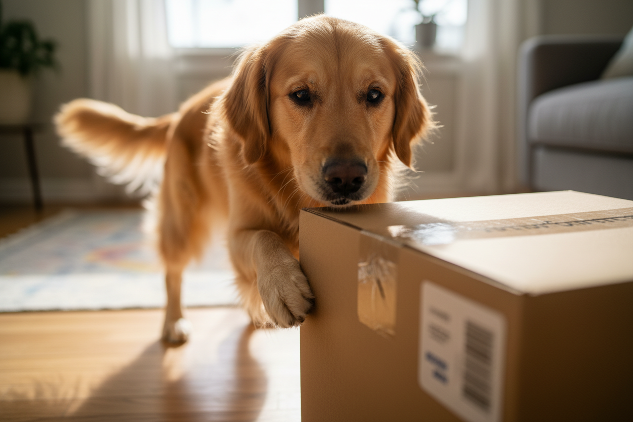 un chien renifle un colis 